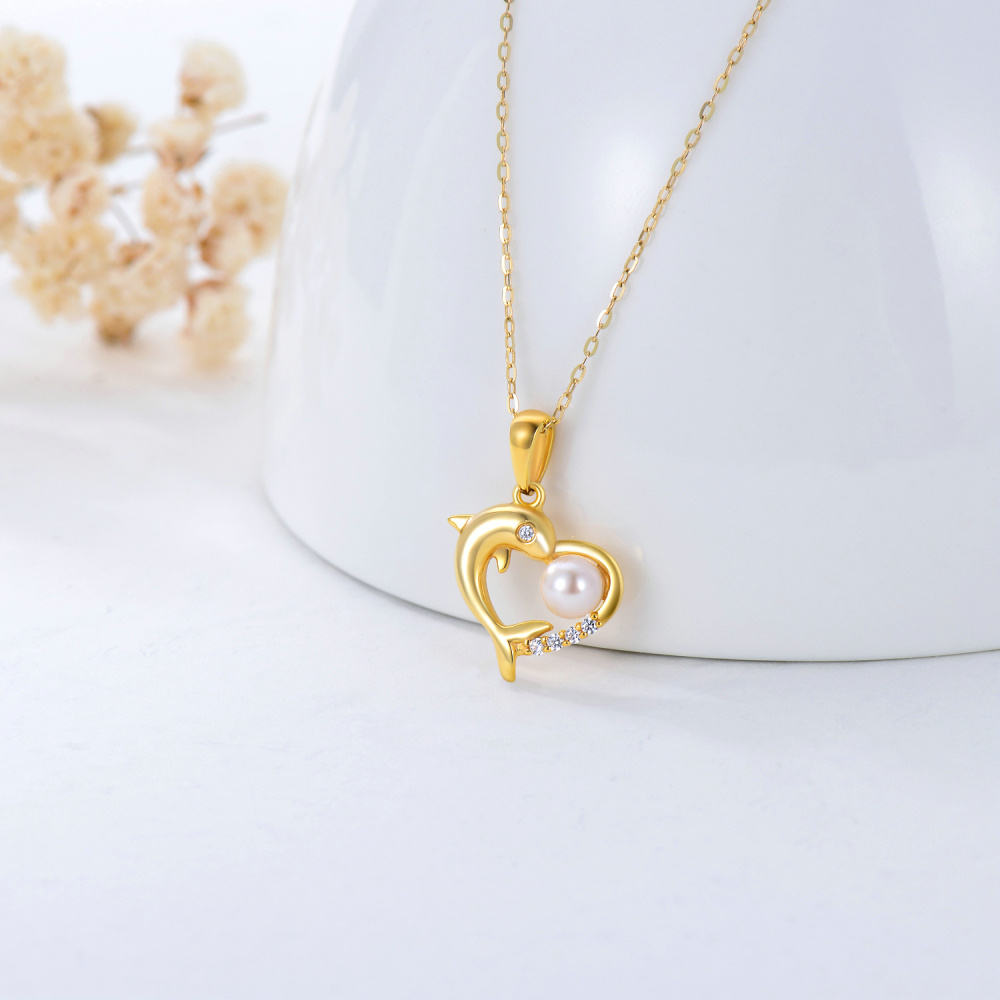 Collier avec pendentif en forme de dauphin et de cœur en or 9 carats avec perles rondes et zircone cubique pour femme-3