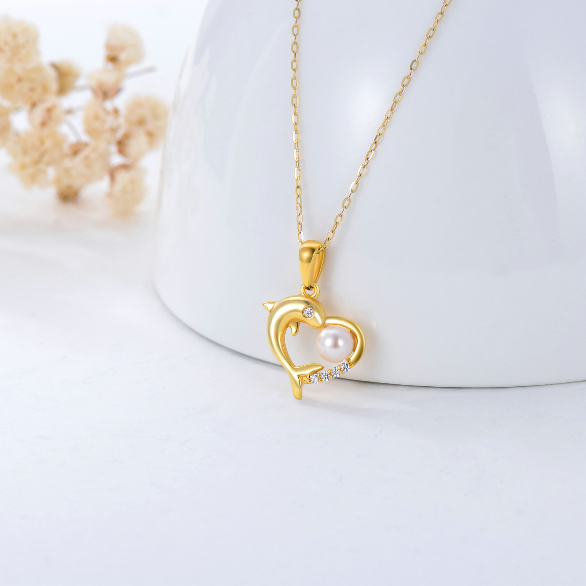 9K Gold Round Pearl With Cubic Zirconia Dolphin & Heart Pendant Necklace For Women-3