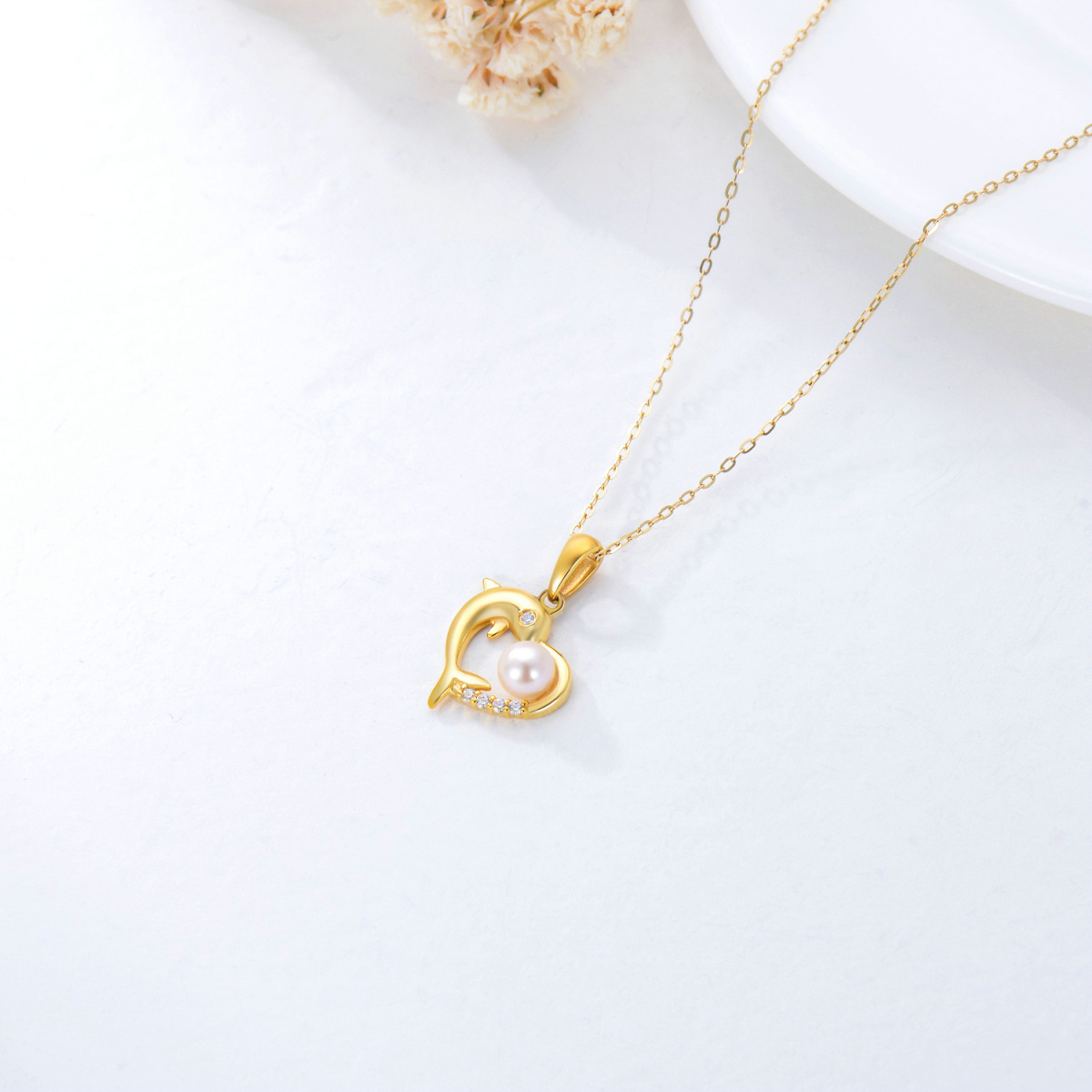 9K Gold Round Pearl With Cubic Zirconia Dolphin & Heart Pendant Necklace For Women-4