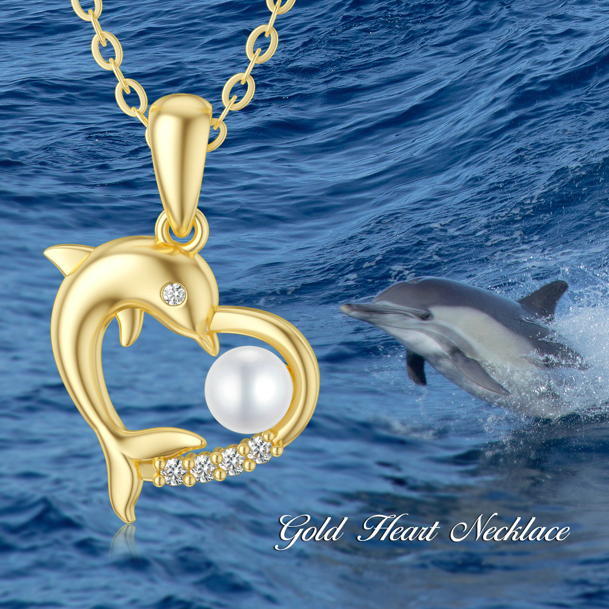 9K Gold Round Pearl With Cubic Zirconia Dolphin & Heart Pendant Necklace For Women-5