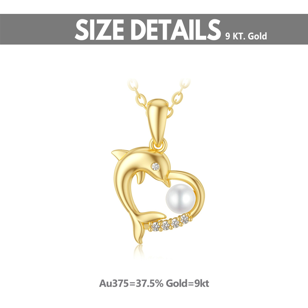 Collier avec pendentif en forme de dauphin et de cœur en or 9 carats avec perles rondes et zircone cubique pour femme-6