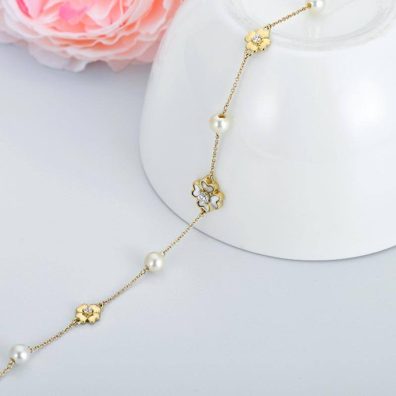 9K Gold Pearl & Cubic Zirconia Four-leaf Clover Metal Choker Necklace-4