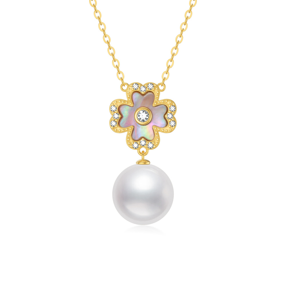 Collier à pendentif trèfle à quatre feuilles en or 9K et perles-1