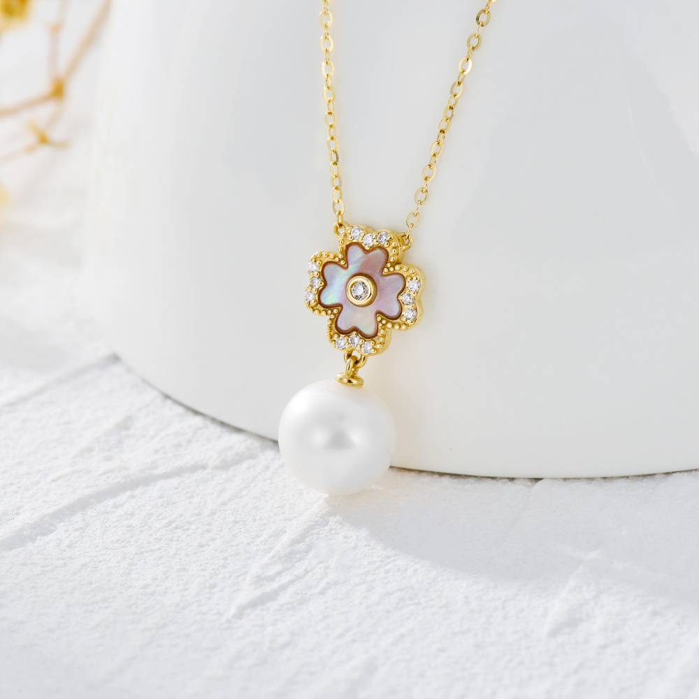 Collier à pendentif trèfle à quatre feuilles en or 9K et perles-3
