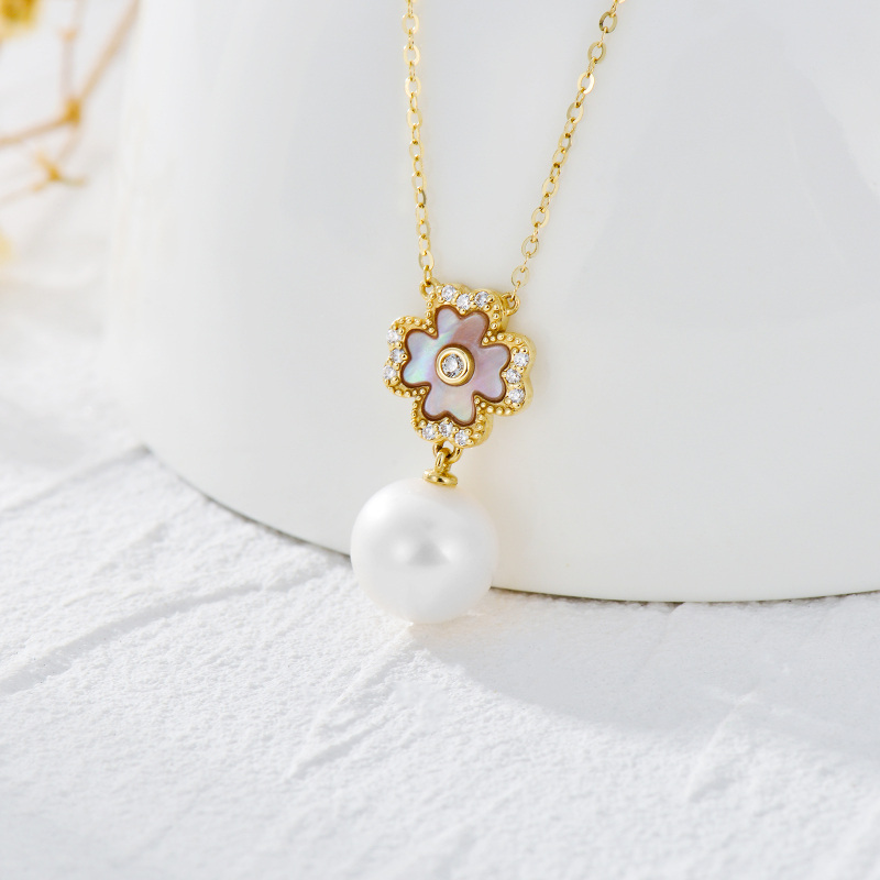 9K Gold Pearl Four-leaf Clover Pendant Necklace-3