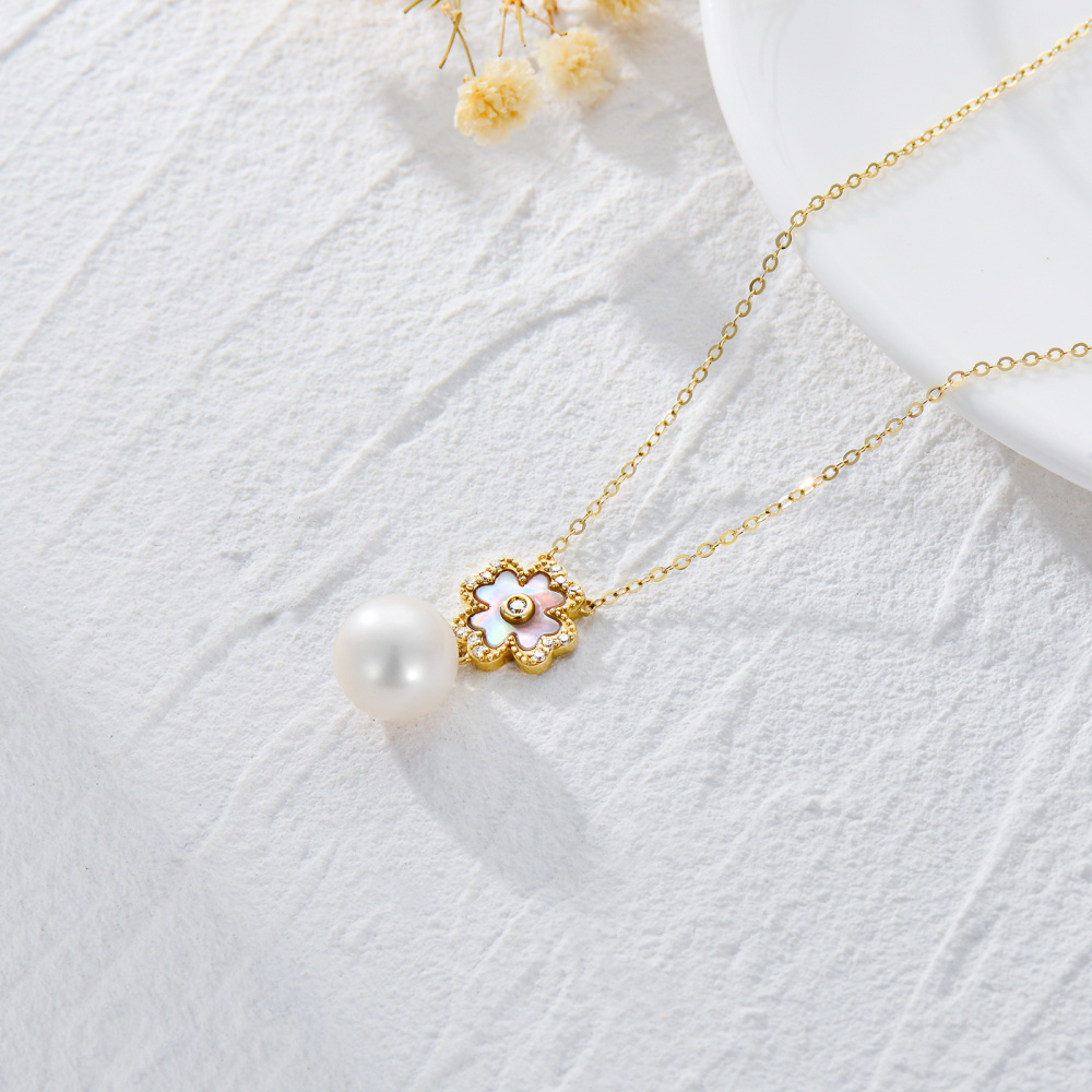 Collier à pendentif trèfle à quatre feuilles en or 9K et perles-4