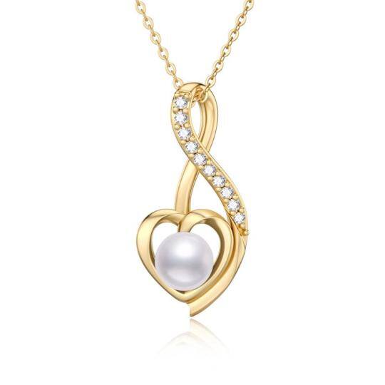 Collar con colgante de símbolo de infinito y corazón de circonita cúbica y perlas de oro de 9 quilates para mujer