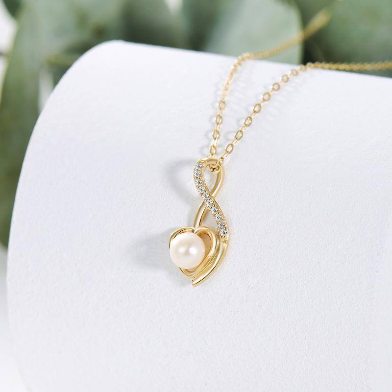 14K Gold Pearl Cubic Zirconia Heart Infinity Symbol Pendant Necklace For Women-3