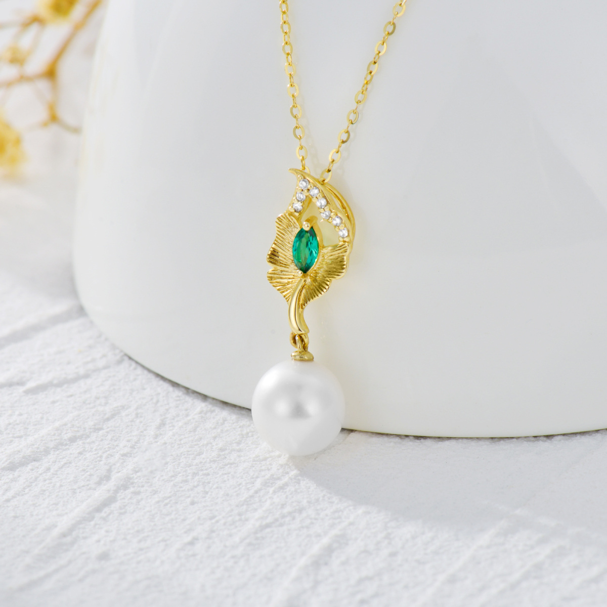 9K Gold Pearl Leaves Pendant Necklace-3