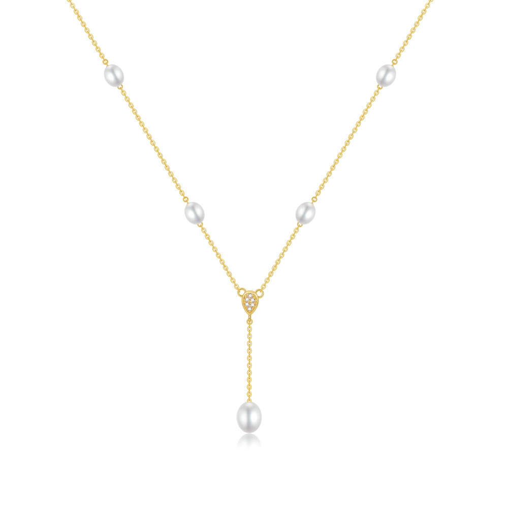 Collana a Y non regolabile in oro 9K con zirconi e perle-1