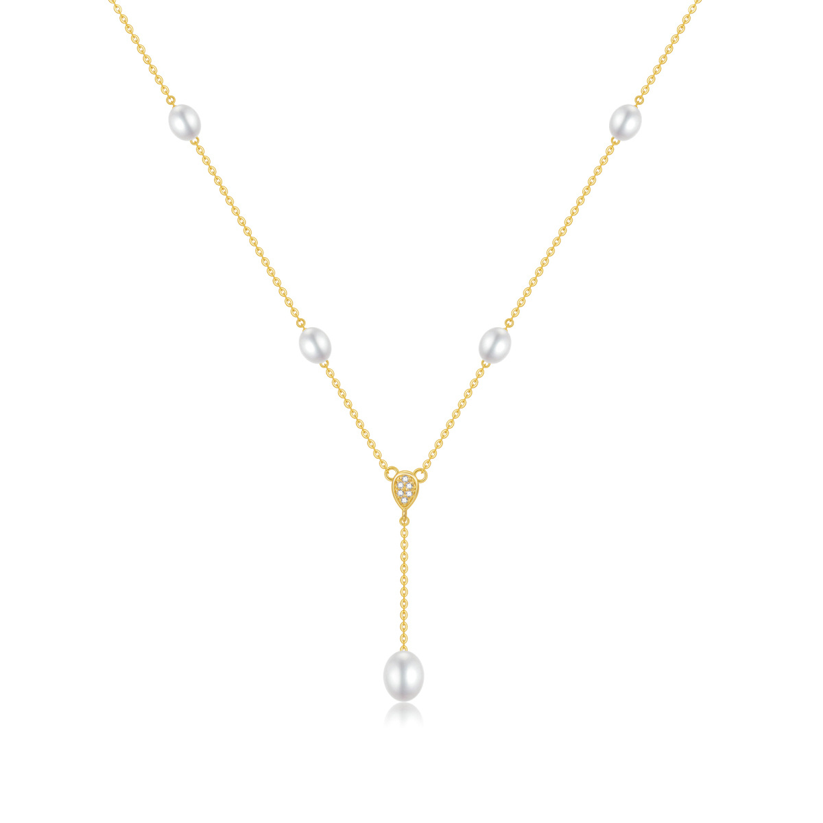 9K Gold Cubic Zirconia & Pearl Non-adjustable Y-Necklace-1