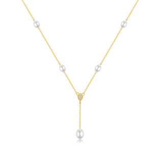 9K Gold Cubic Zirconia & Pearl Non-adjustable Y-Necklace-4