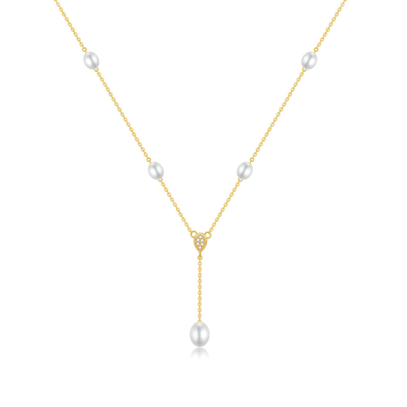 9K Gold Cubic Zirconia & Pearl Non-adjustable Y-Necklace-3