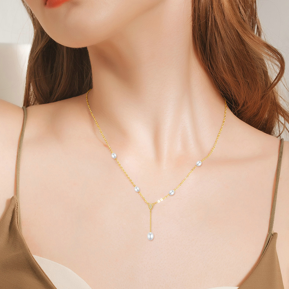 Collana a Y non regolabile in oro 9K con zirconi e perle-2