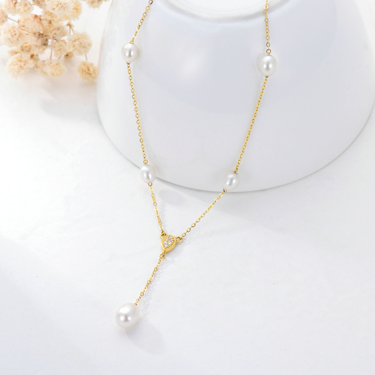 9K Gold Cubic Zirconia & Pearl Non-adjustable Y-Necklace-3