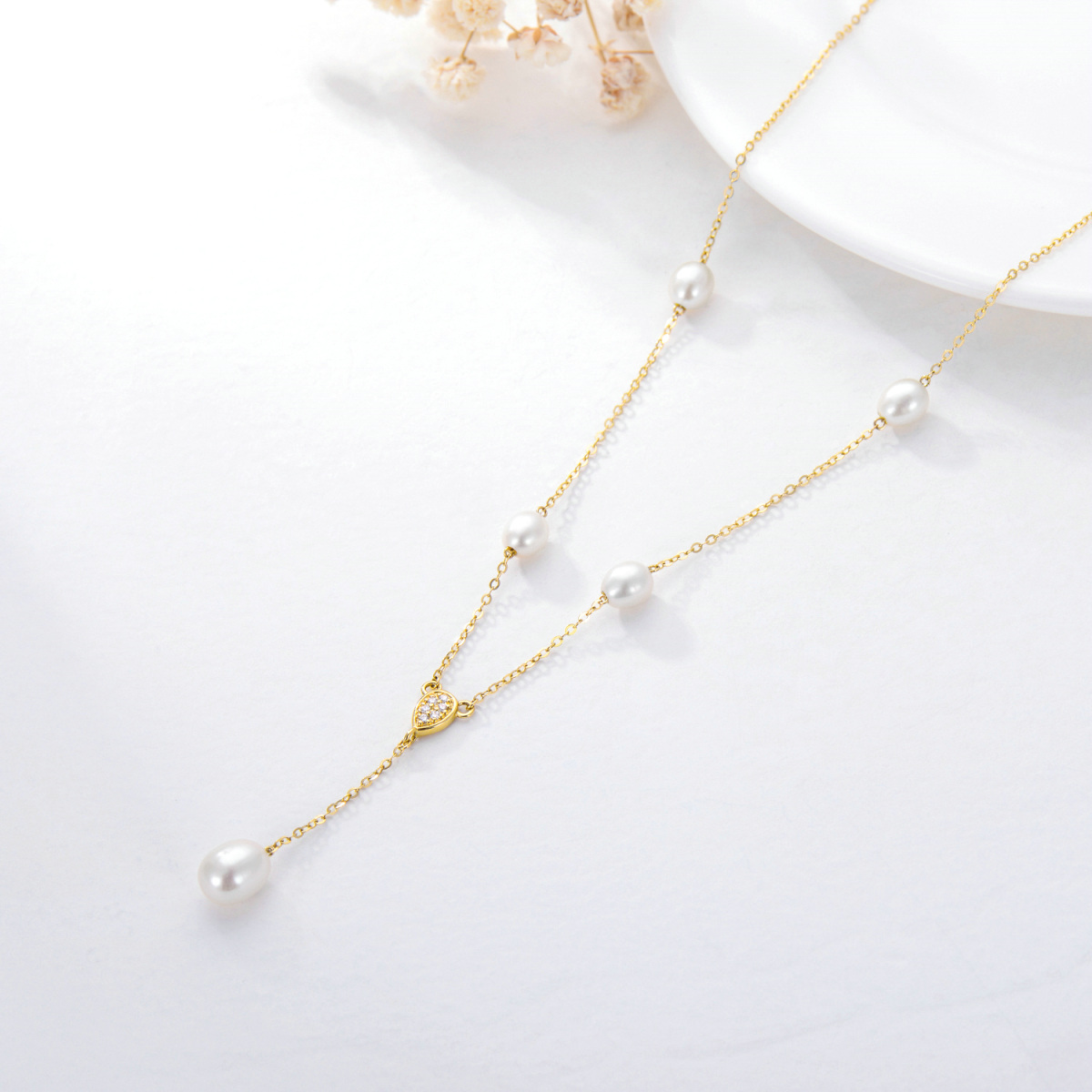 9K Gold Cubic Zirconia & Pearl Non-adjustable Y-Necklace-4