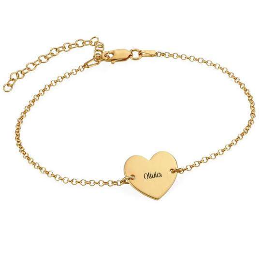 9K Gold Personalized Engraving & Heart Pendant Bracelet For Women