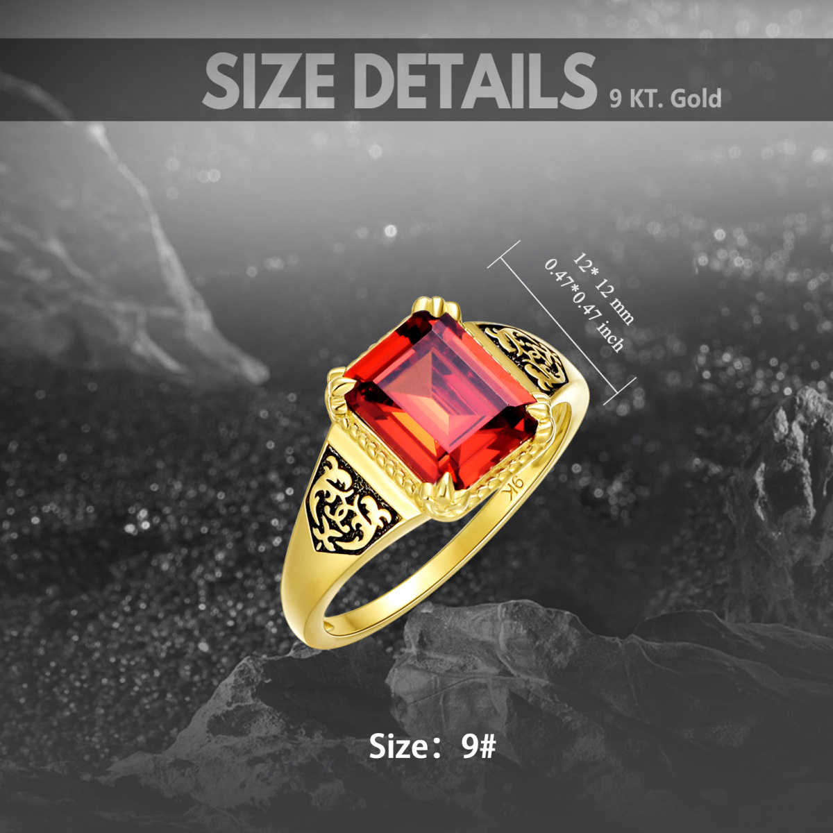 Bague en or 9K Princess Square Garnet Cubic Zirconia-4