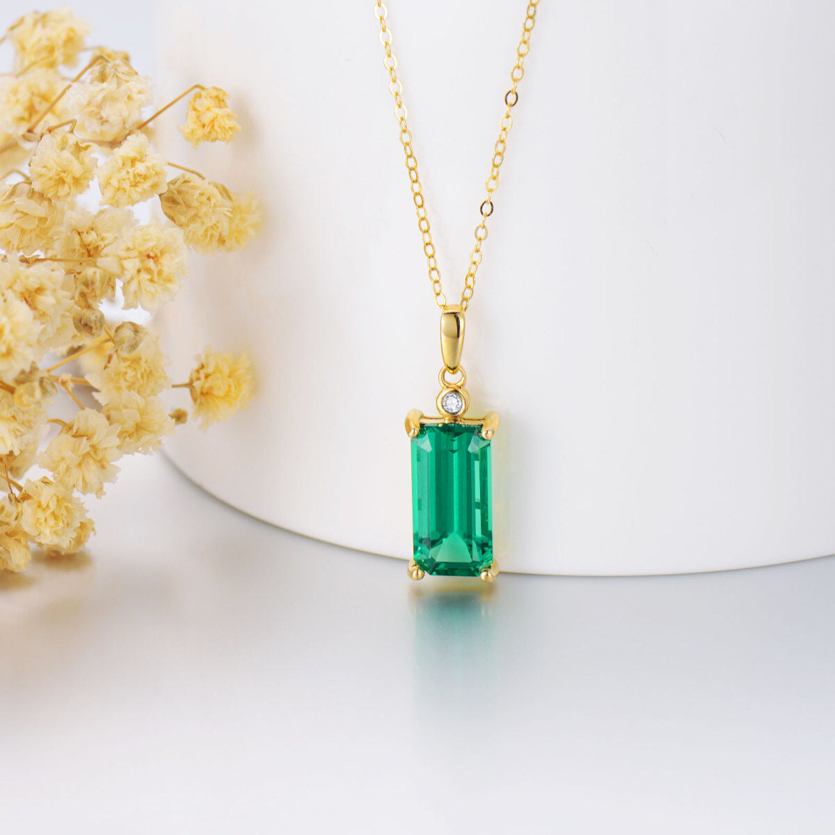 14K Gold Princess-square Shaped Diamond & Emerald Square Pendant Necklace-3