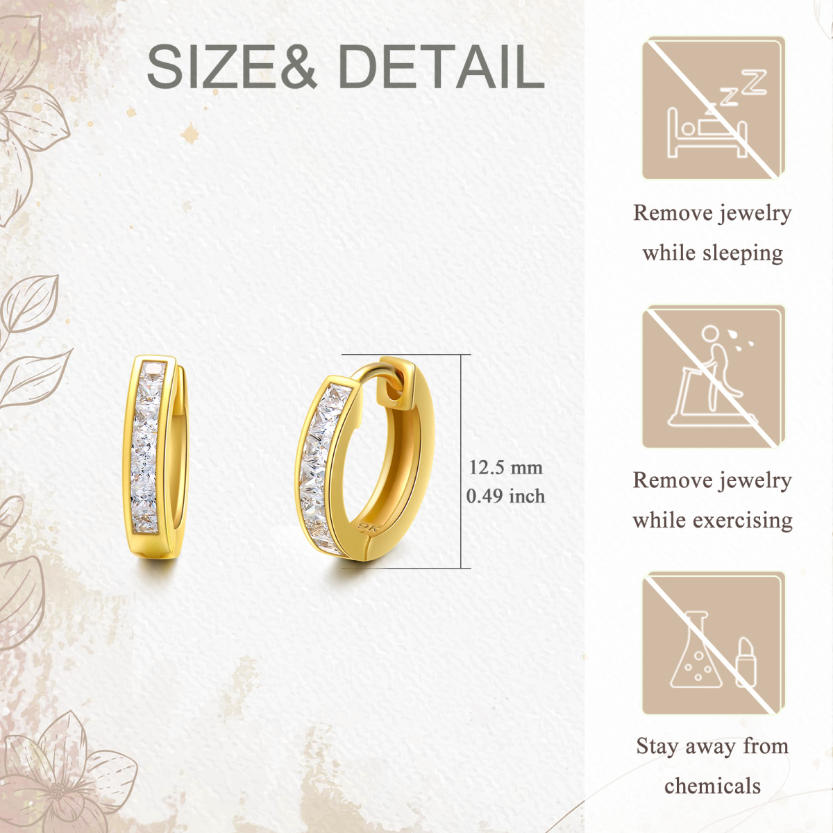 9K Gold Princess-square Shaped Cubic Zirconia Hoop Earrings-5