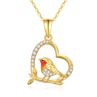 9K Gold Cubic Zirconia Robbin & Heart Pendant Necklace-18