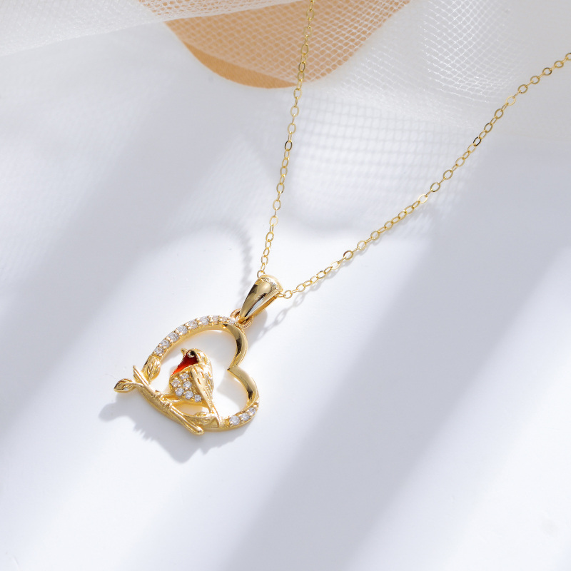 9K Gold Cubic Zirconia Robbin & Heart Pendant Necklace-3
