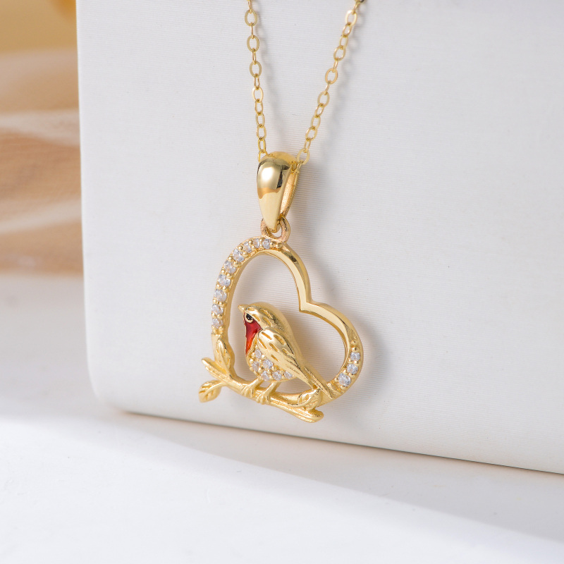 9K Gold Cubic Zirconia Robbin & Heart Pendant Necklace-4