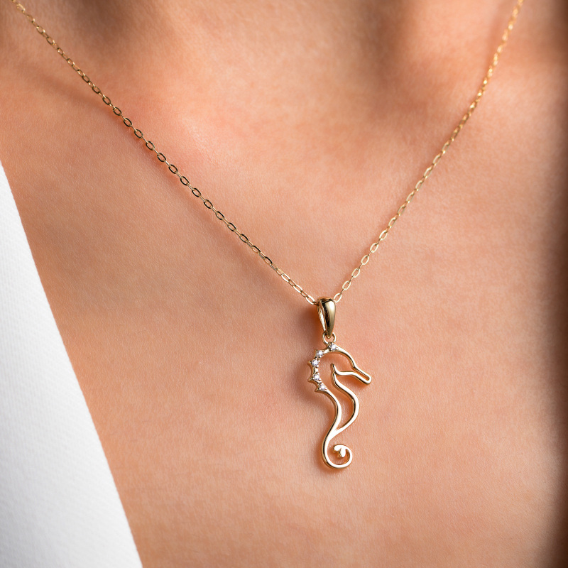 9K White Gold Round Cut Moissanite Seahorse Pendant Necklace-2