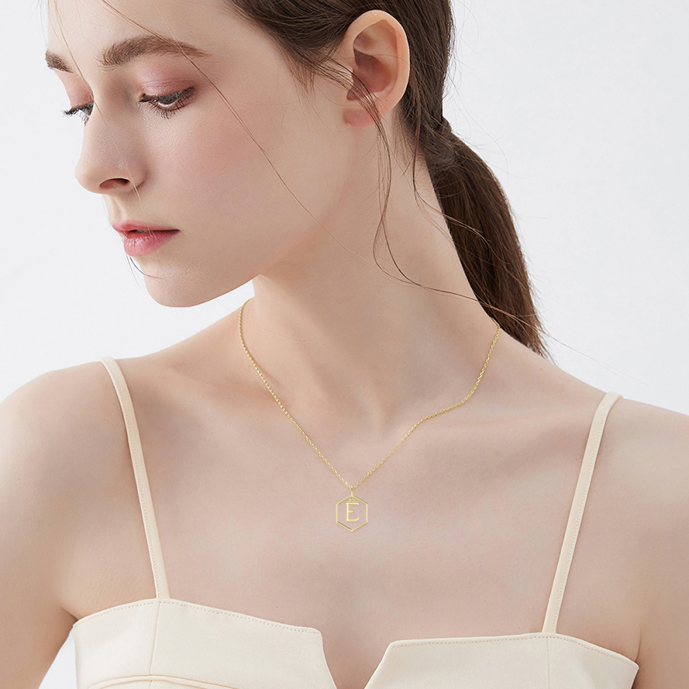 9K Gold Round Pendant Necklace with Initial Letter E-2
