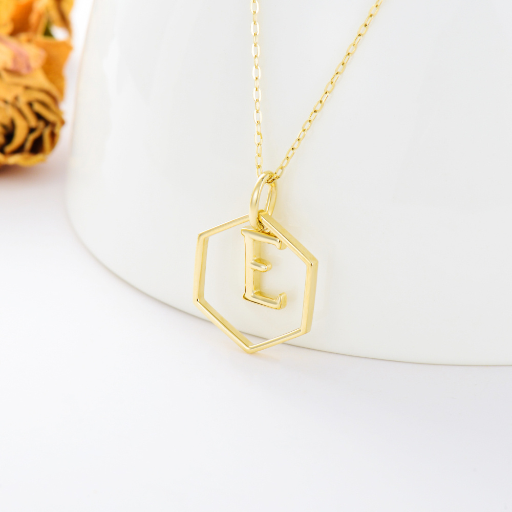 9K Gold Round Pendant Necklace with Initial Letter E-3