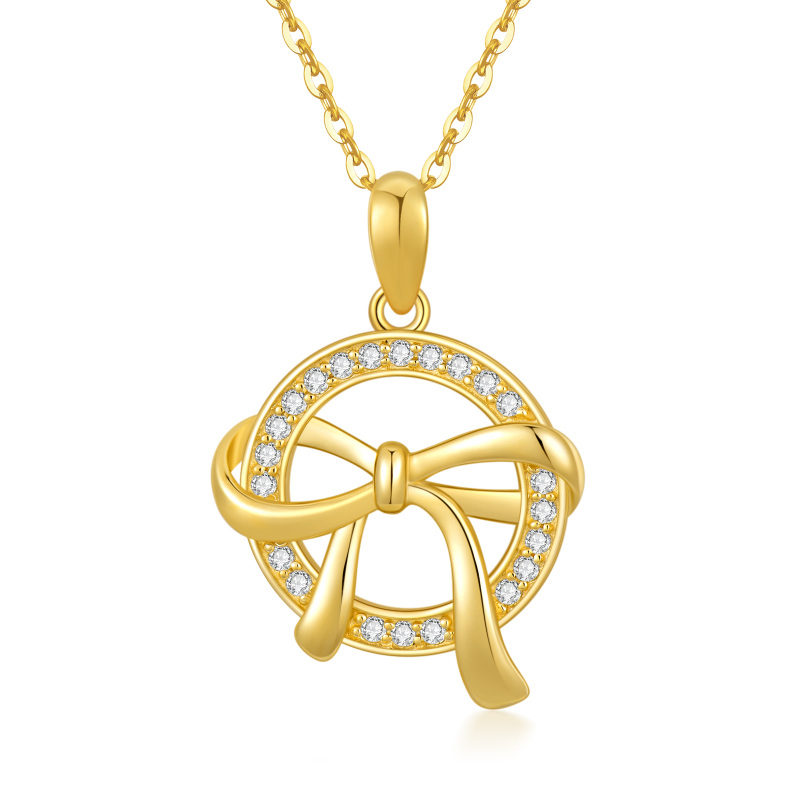 9K Gold Round Zircon Bow Pendant Necklace-14