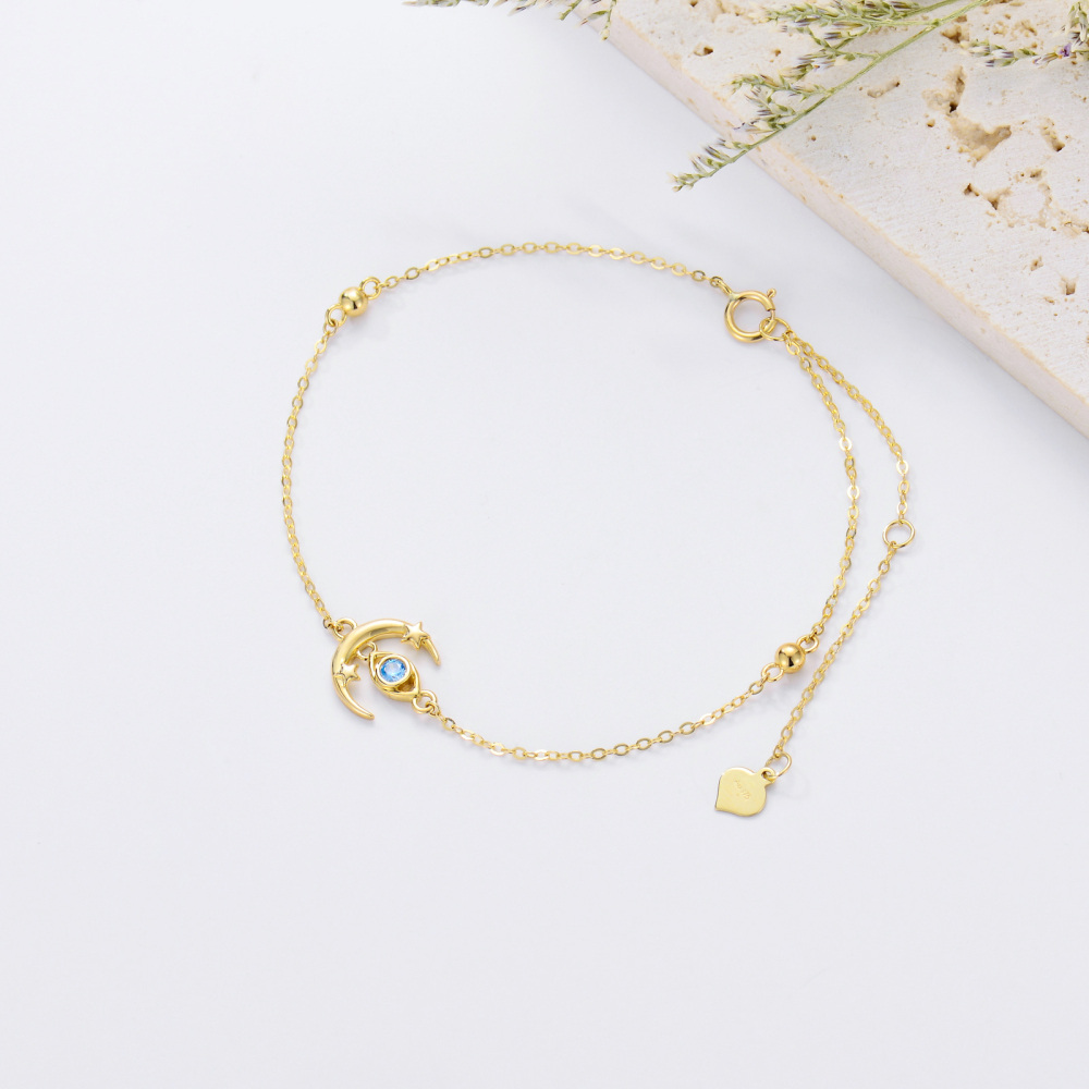 14K Gold Round Zircon Moon Bead Station Chain Bracelet-3