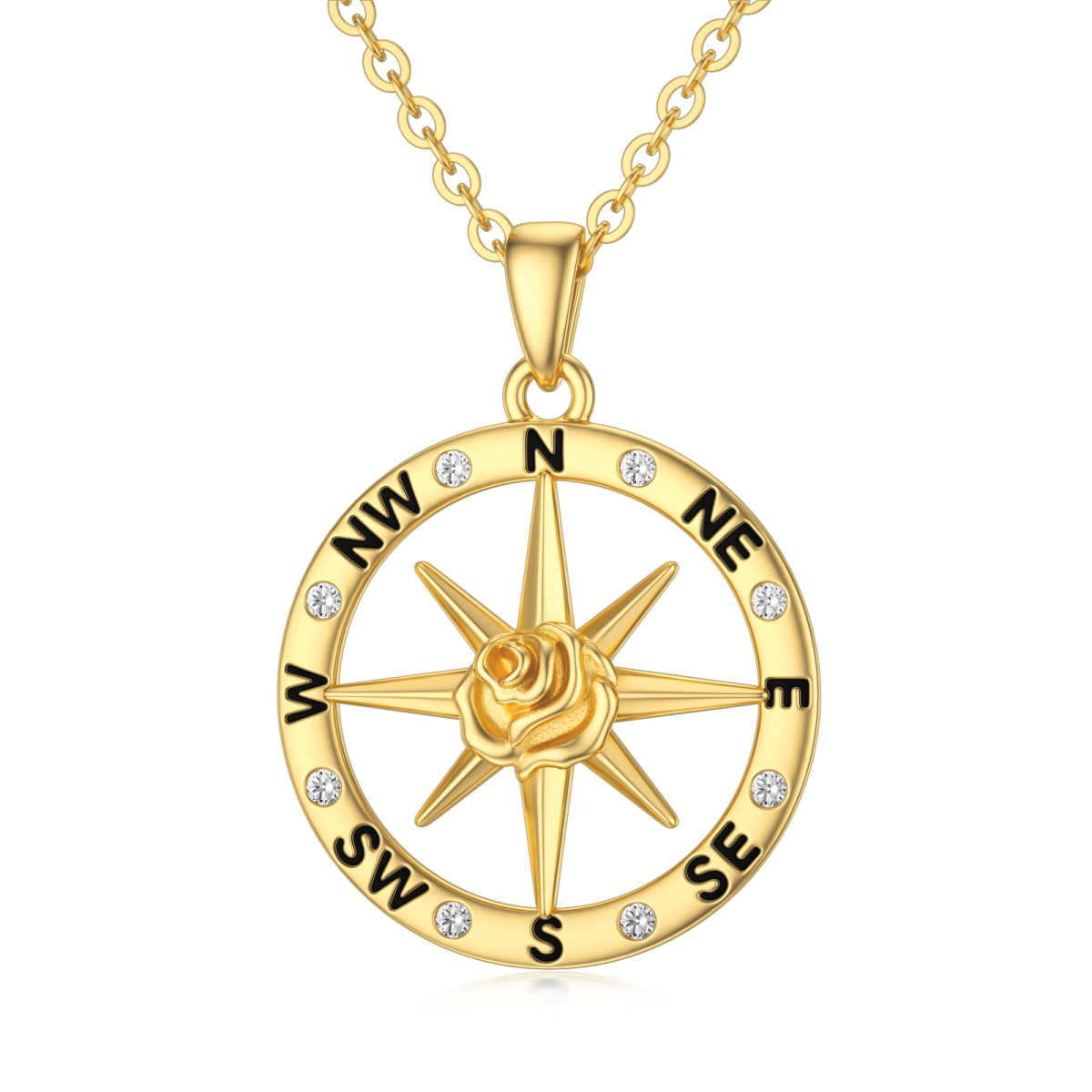 9K Gold Round Zircon Rose & Compass Pendant Necklace-1