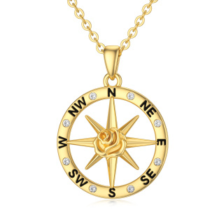 9K Gold Round Zircon Rose & Compass Pendant Necklace-2