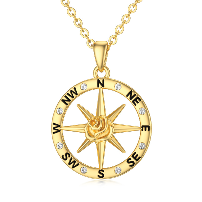 9K Gold Round Zircon Rose & Compass Pendant Necklace-8