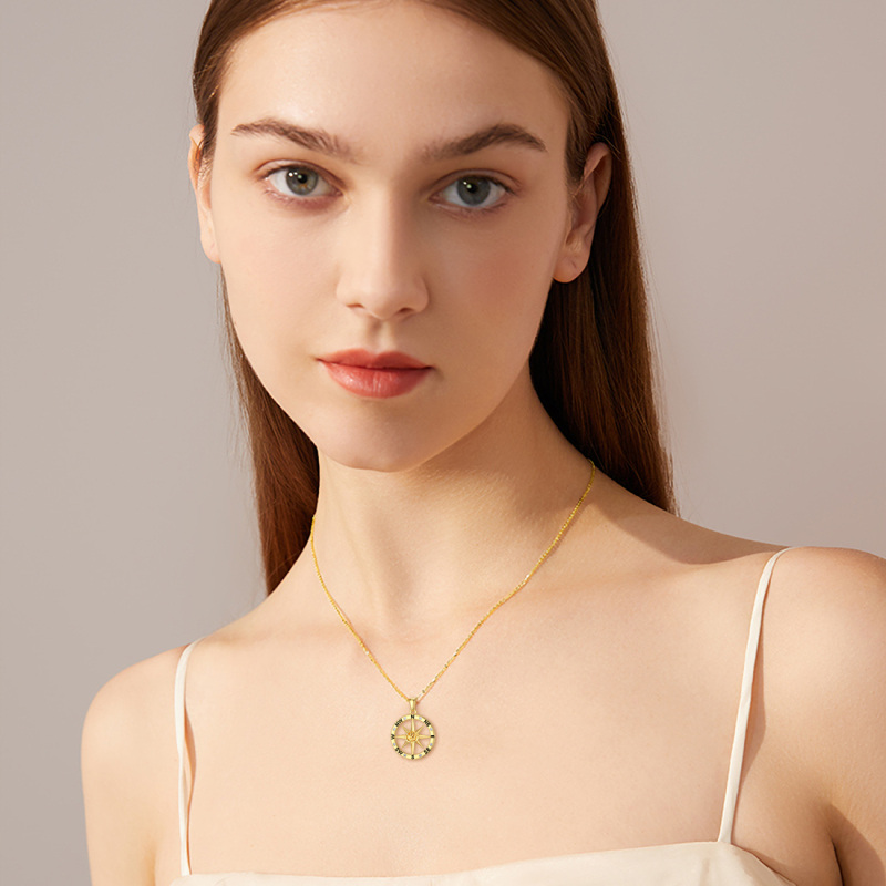 9K Gold Round Zircon Rose & Compass Pendant Necklace-2