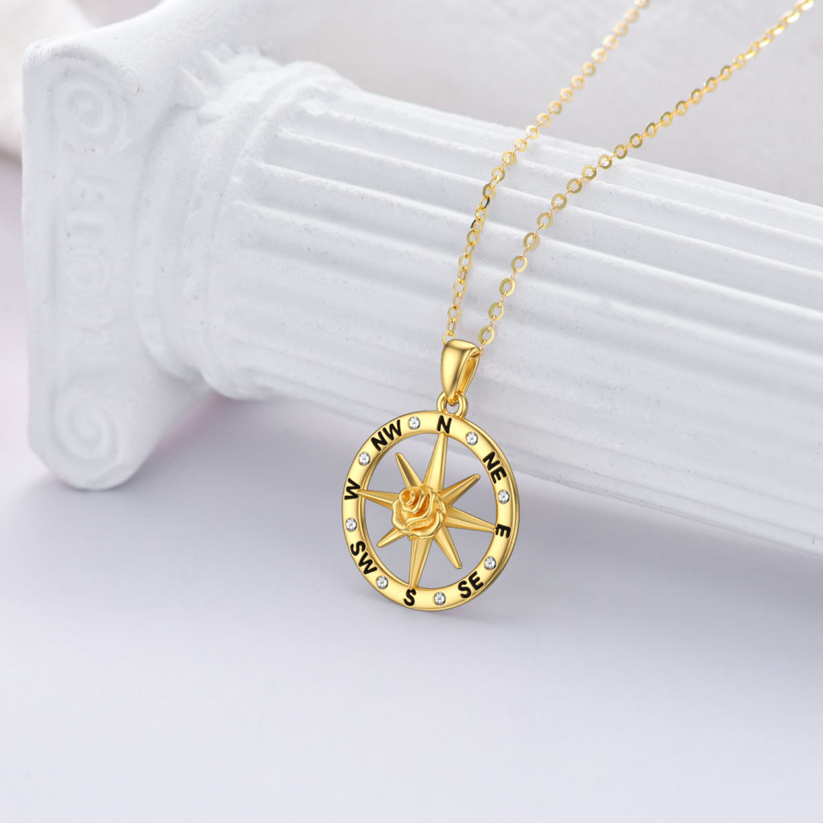 9K Gold Round Zircon Rose & Compass Pendant Necklace-3