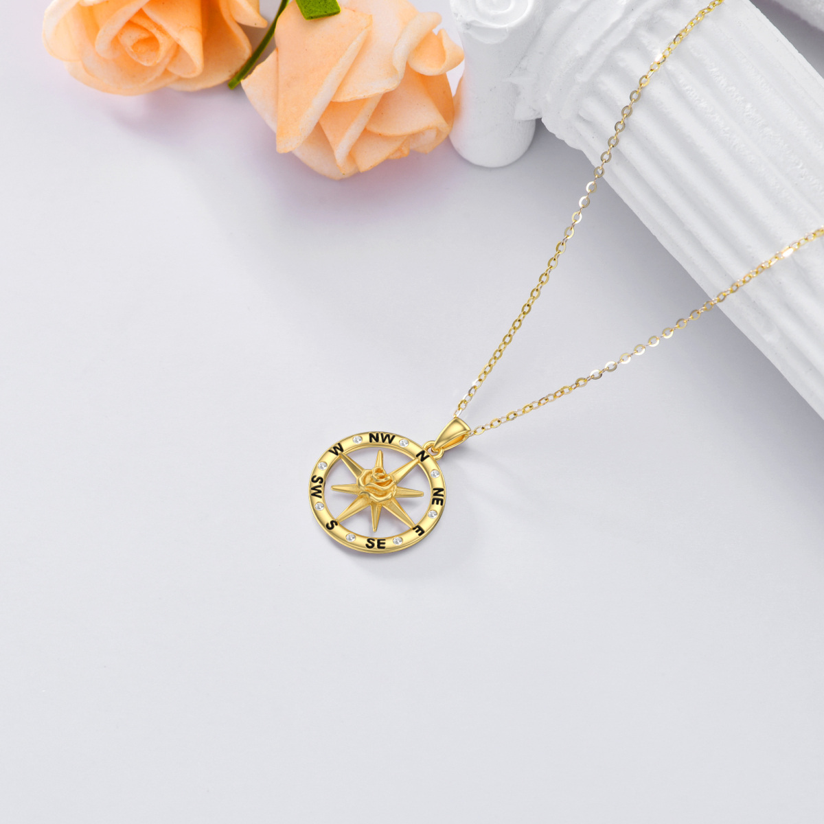 9K Gold Round Zircon Rose & Compass Pendant Necklace-4