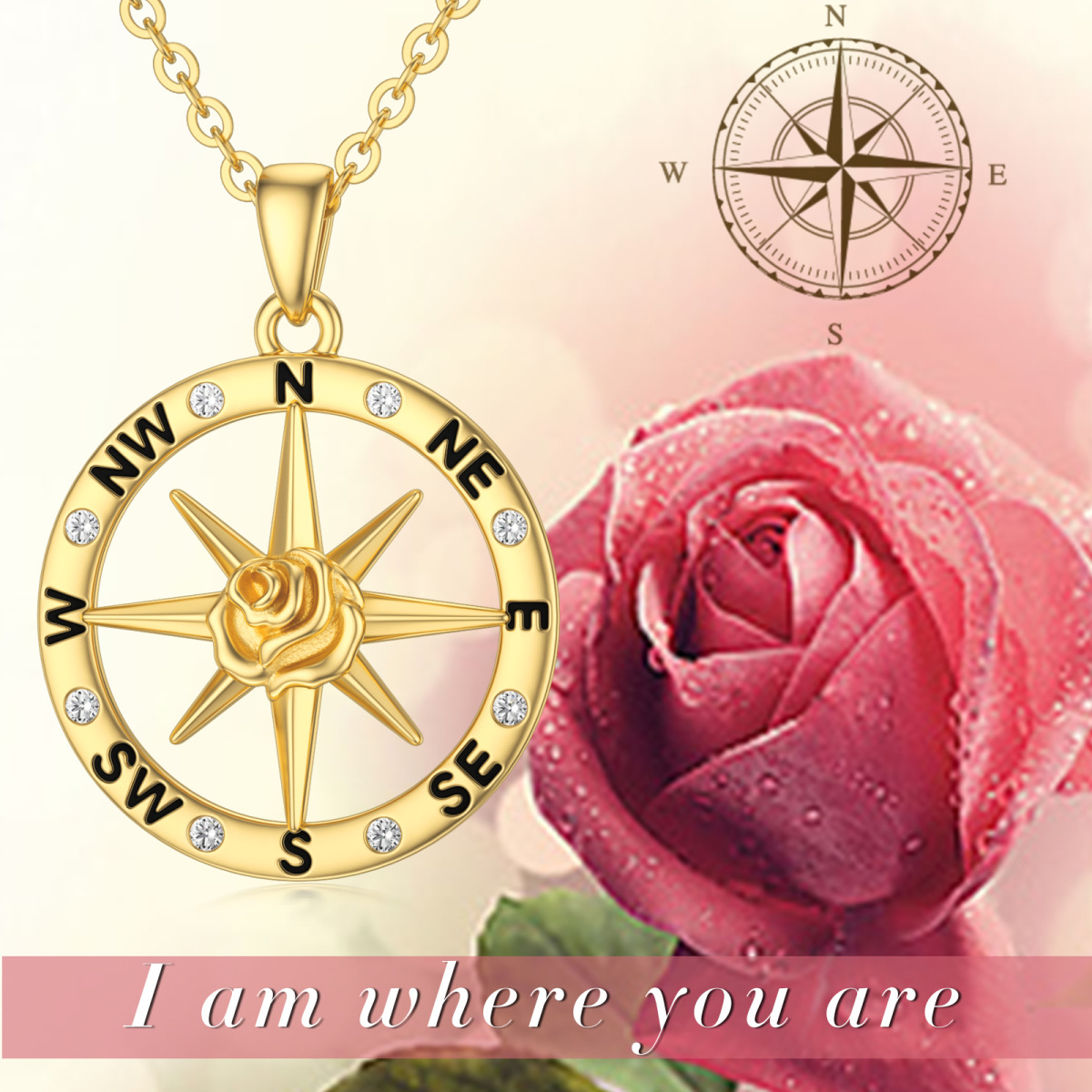 9K Gold Round Zircon Rose & Compass Pendant Necklace-5