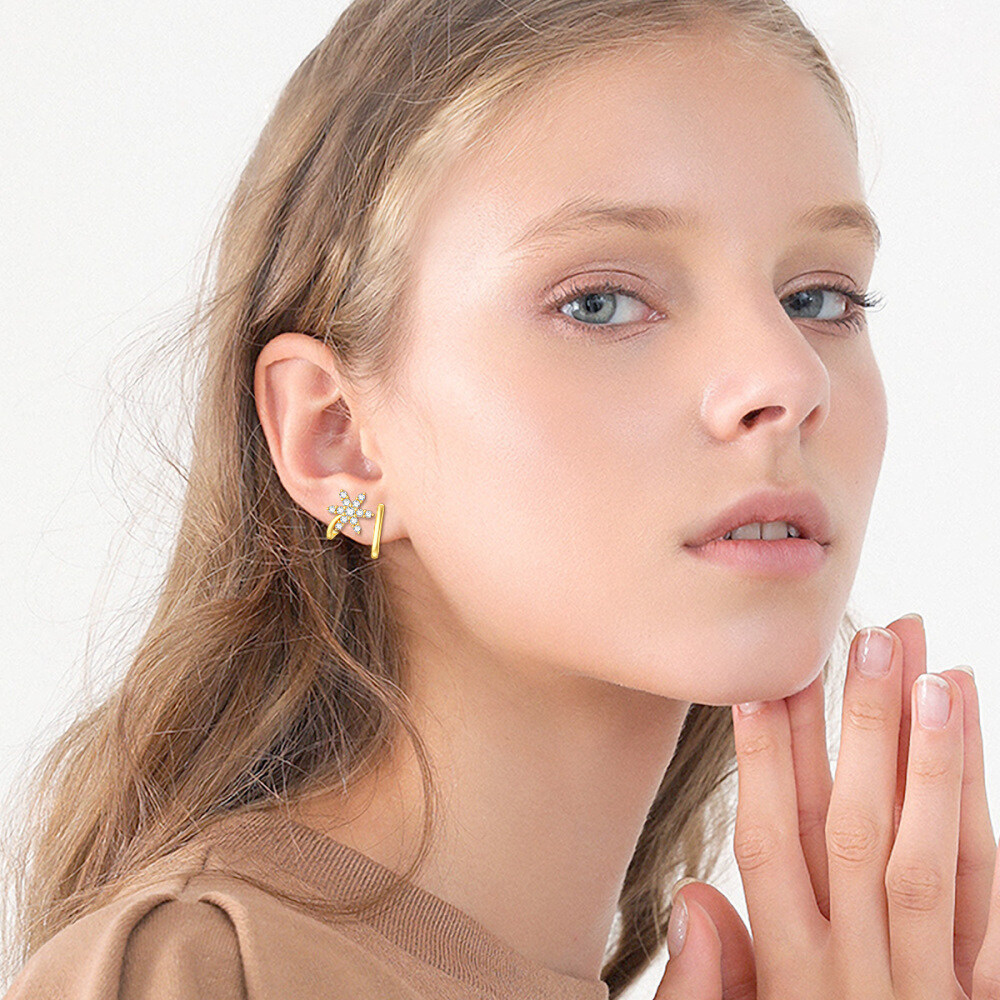 9K Gold Round Zircon Snowflake Climber Earrings-2