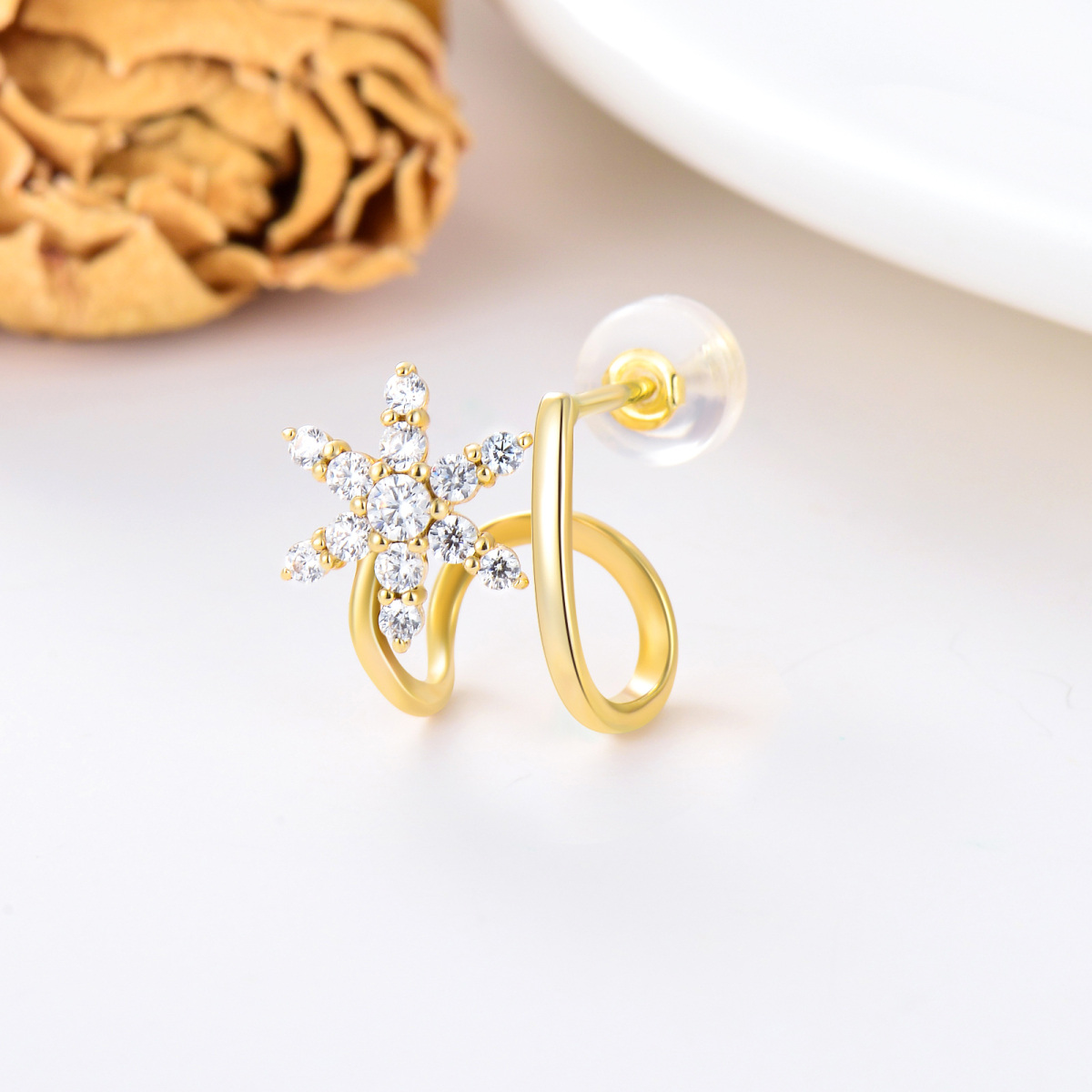 9K Gold Round Zircon Snowflake Climber Earrings-3