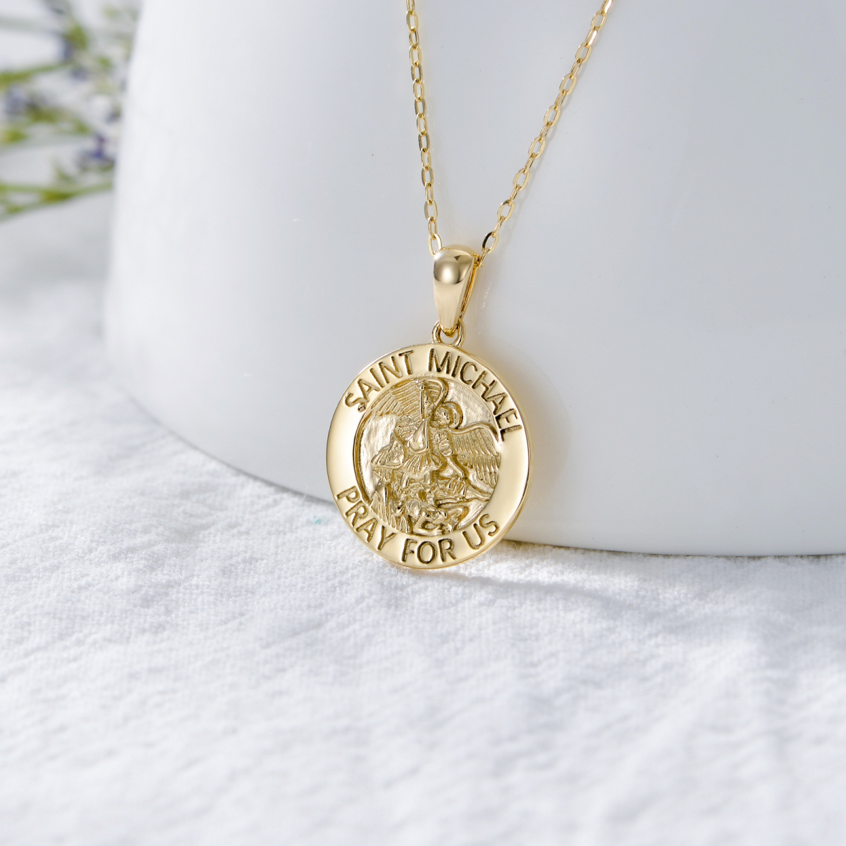 9K Gold Saint Michael Coin Pendant Necklace-3