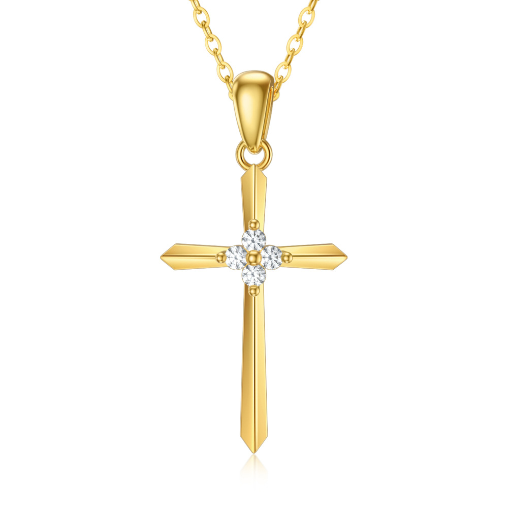 9K Gold Cubic Zirconia Sword Cross Pendant Necklace-1