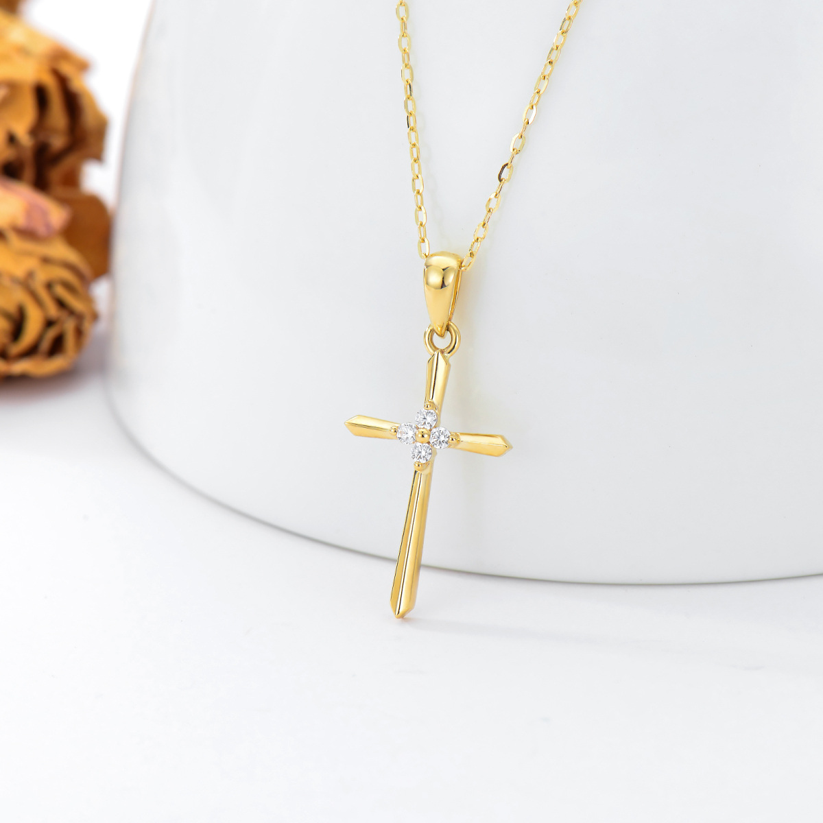 9K Gold Cubic Zirconia Sword Cross Pendant Necklace-3