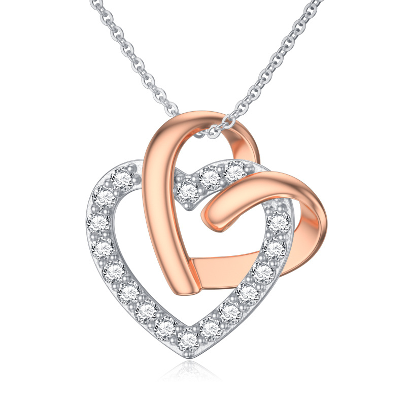 9K Gold Two Tone Cubic Zirconia Heart With Heart Pendant Necklace For Women-1