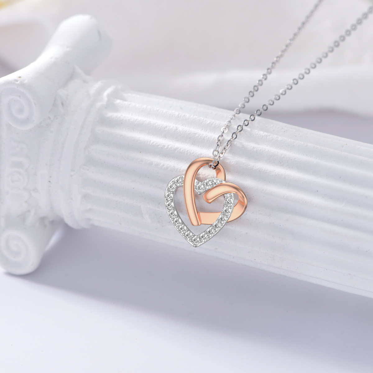 9K Rose Gold Cubic Zirconia Heart With Heart Pendant Necklace-3