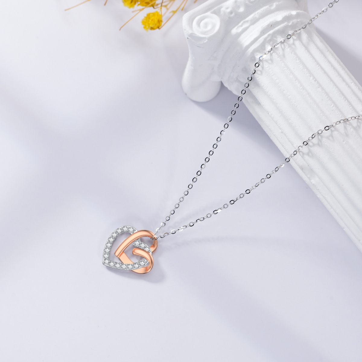 9K Rose Gold Cubic Zirconia Heart With Heart Pendant Necklace-4