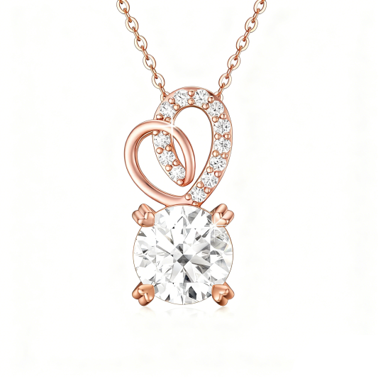 9K Rose Gold Round Cut Moissanite Heart Pendant Necklace
