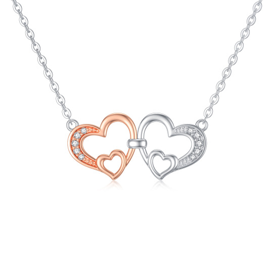 9K Silver & Rose Gold Circular Shaped Cubic Zirconia Heart With Heart Pendant Necklace