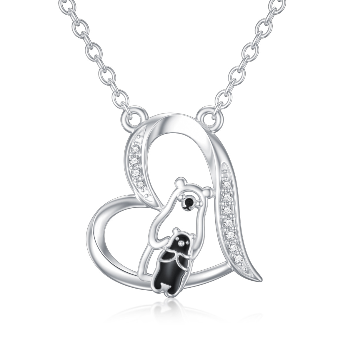 9K White Gold Circular Shaped Cubic Zirconia Bear & Heart Pendant Necklace-1